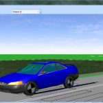 Obraz przedstawia wizualizację 3D symulacji manewru intensywnego hamowania samochodu osobowego wykonanej w programie PC-Crash.