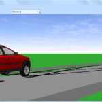 Obraz przedstawia wizualizację 3D utraty stateczności kierunkowej przez samochód typu SUV wykonanej w programie PC-Crash.