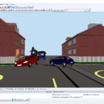 Obraz przedstawia wizualizację 3D symulacji zderzenia pojazdów na skrzyżowaniu wykonanej w programie V-SIM.