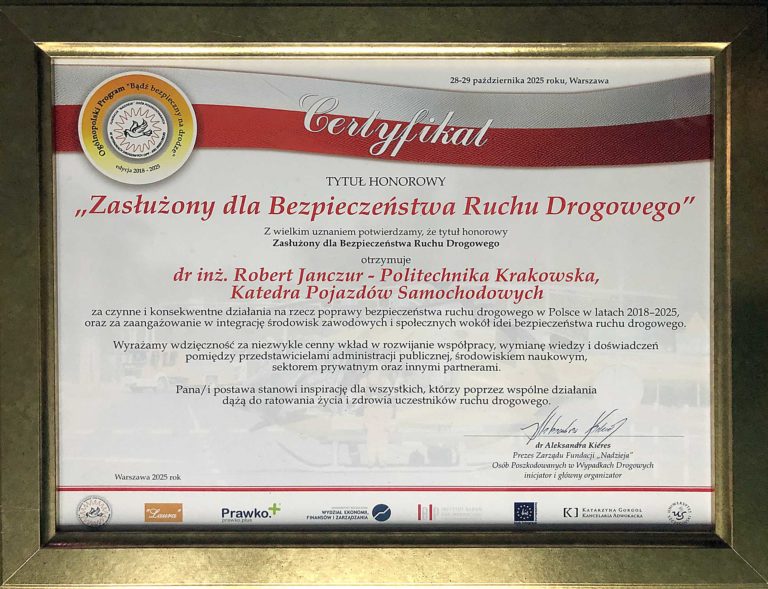 Dr inż. Robert Janczur, prof. PK uhonorowany tytułem „Zasłużony dla Bezpieczeństwa Ruchu Drogowego”